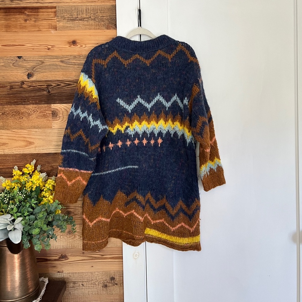 Free People Shimmering Cliffs Sweater Tunic Fair Isle Oversized Alpaca Navy Gold - Picture 4 of 6